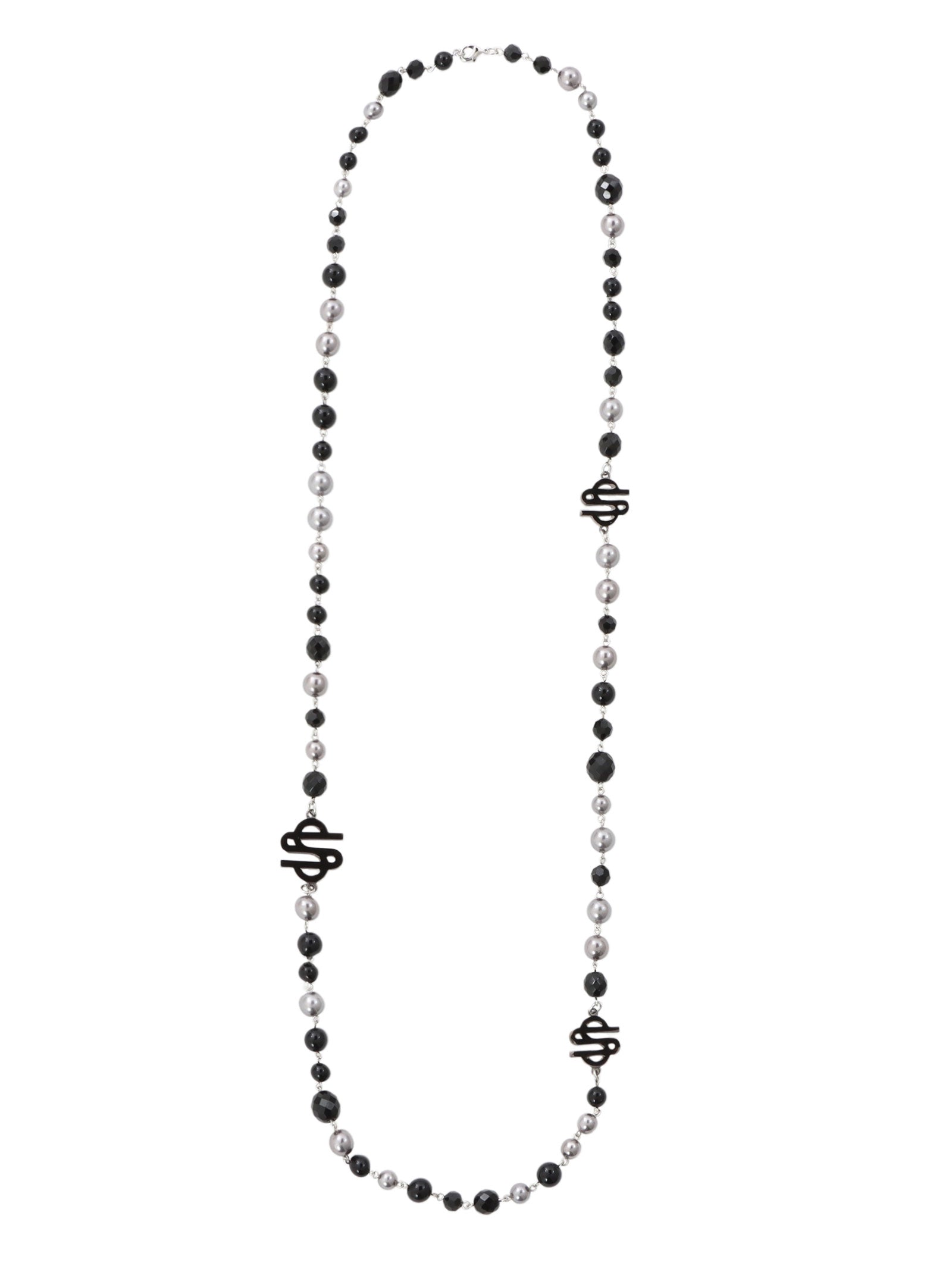 Triple Charm Long Pearl Necklace [BLACK & SILVER] – SSAUCE