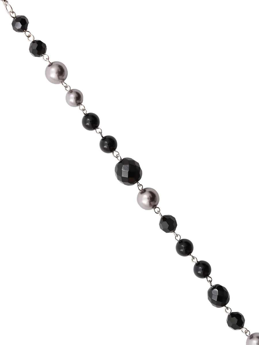 Triple Charm Long Pearl Necklace [BLACK & SILVER]